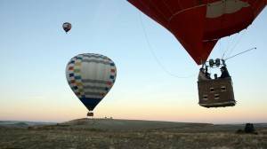 Hot air balloon flying in Segovia, Spain.