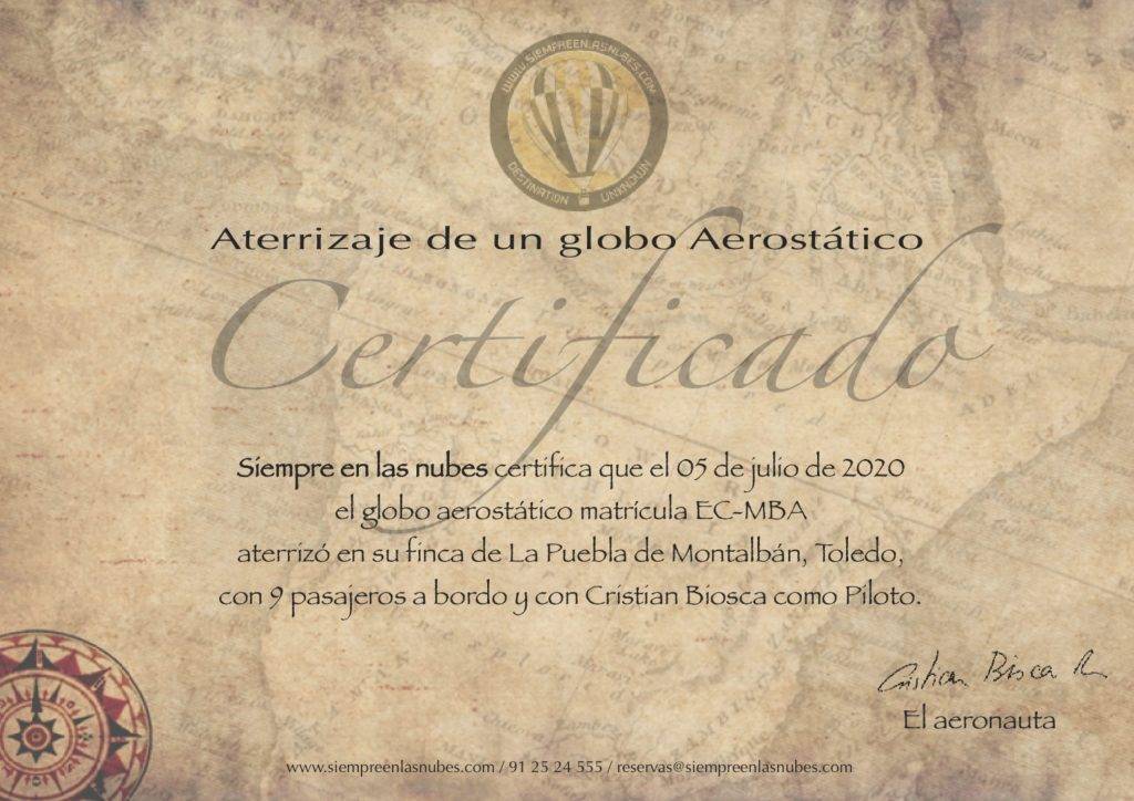 Certificado de aterrizaje de un globo aerostático.